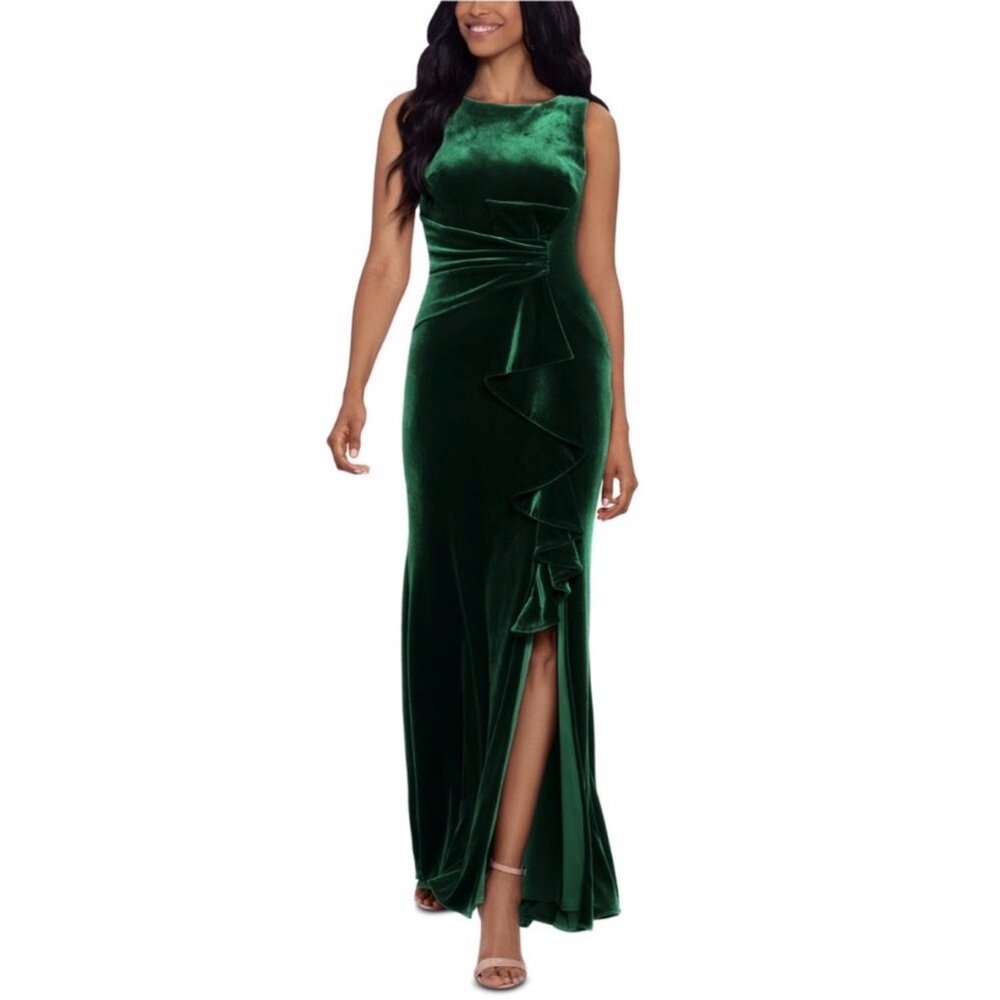 Betsy & Adam Women's Formal Dress Size 8 Green Velvet Ruffled Thigh Slit Gown